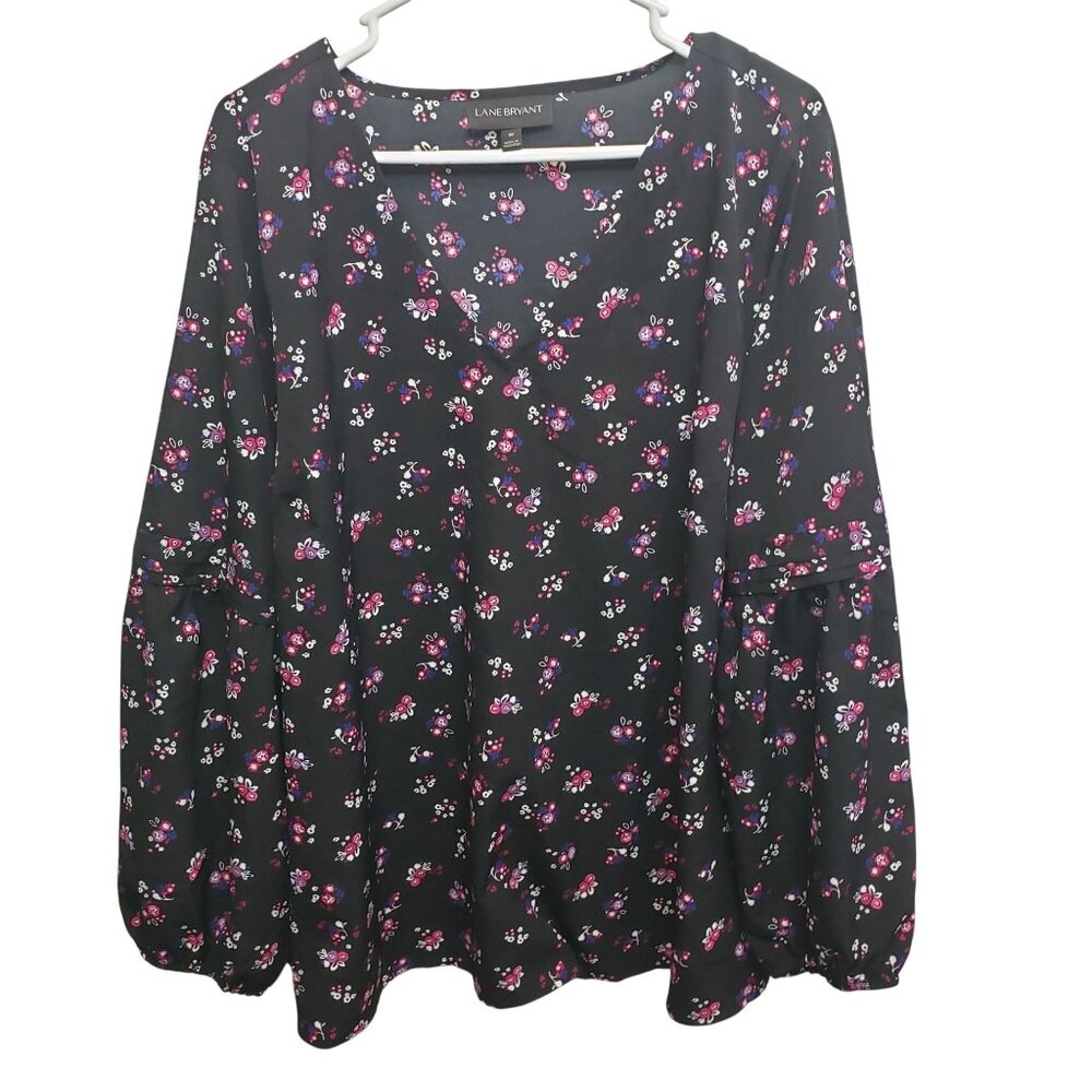 Lane Bryant Black Floral Print Long Sleeve Blouse With Balloon Sleeves Size 20